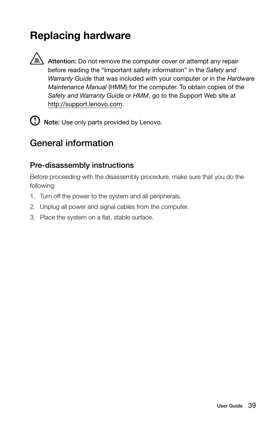 Replacing hardware, General information | Lenovo H30-00 Desktop User Manual | Page 44 / 61