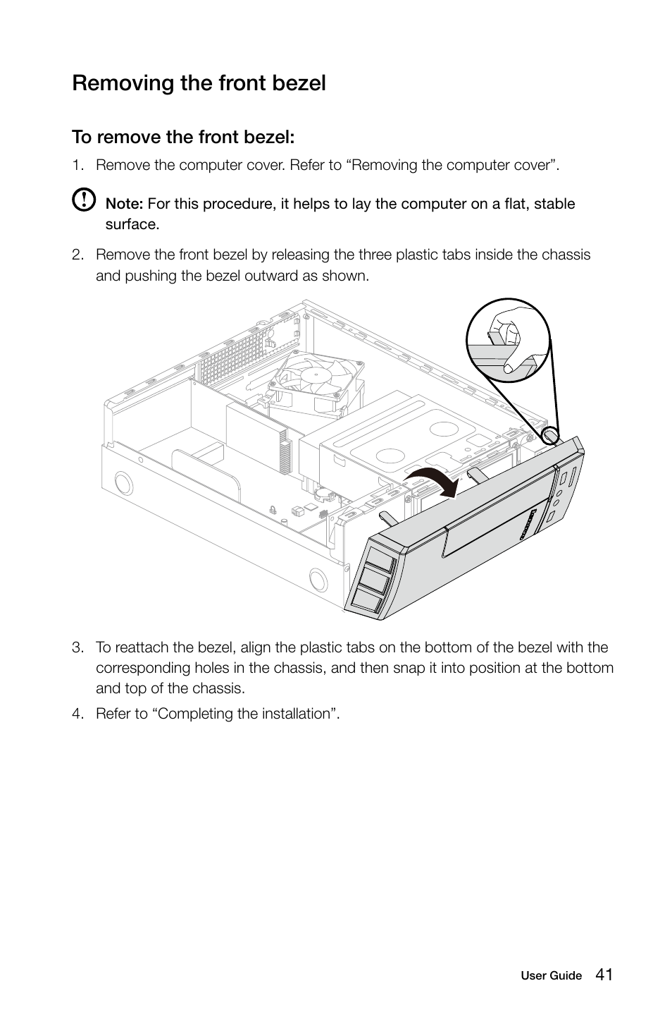 Removing the front bezel | Lenovo H30-00 Desktop User Manual | Page 46 / 61