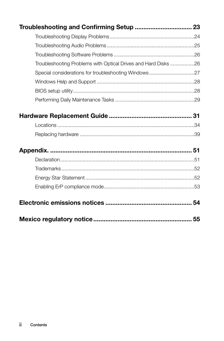 Troubleshooting and confirming setup, Hardware replacement guide, Appendix | Lenovo H30-00 Desktop User Manual | Page 5 / 61