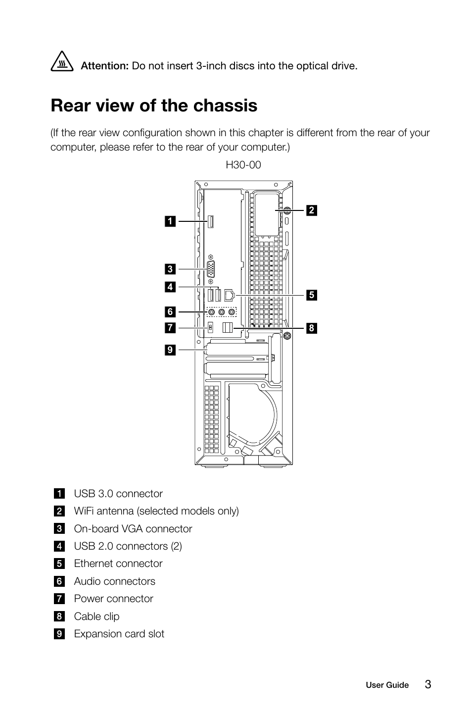 Rear view of the chassis | Lenovo H30-00 Desktop User Manual | Page 8 / 61