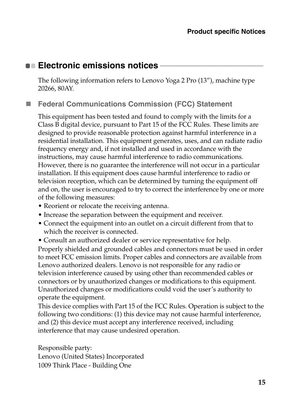 Electronic emissions notices | Lenovo Yoga 2 Pro Lenovo User Manual | Page 15 / 20