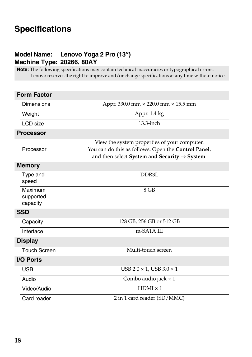 Specifications | Lenovo Yoga 2 Pro Lenovo User Manual | Page 18 / 20