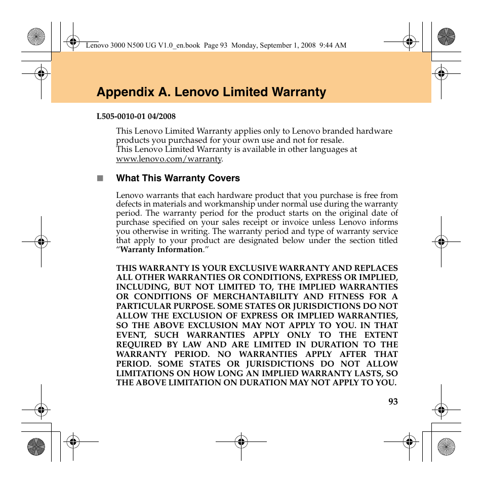 Appendix a. lenovo limited warranty | Lenovo N500 Notebook User Manual | Page 101 / 148