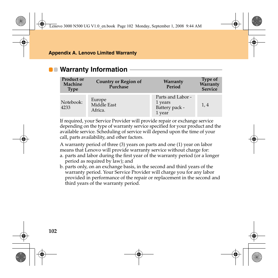 Warranty information | Lenovo N500 Notebook User Manual | Page 110 / 148