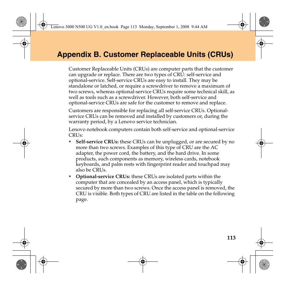 Appendix b. customer replaceable units (crus) | Lenovo N500 Notebook User Manual | Page 121 / 148