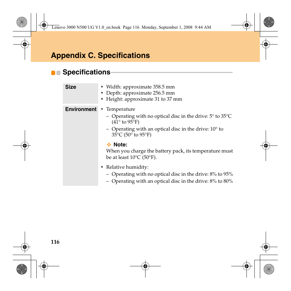 Appendix c. specifications, Specifications | Lenovo N500 Notebook User Manual | Page 124 / 148