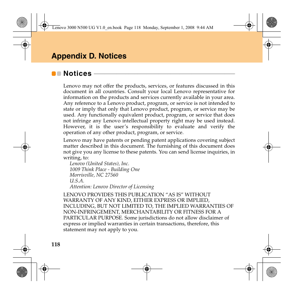 Appendix d. notices, Notices | Lenovo N500 Notebook User Manual | Page 126 / 148