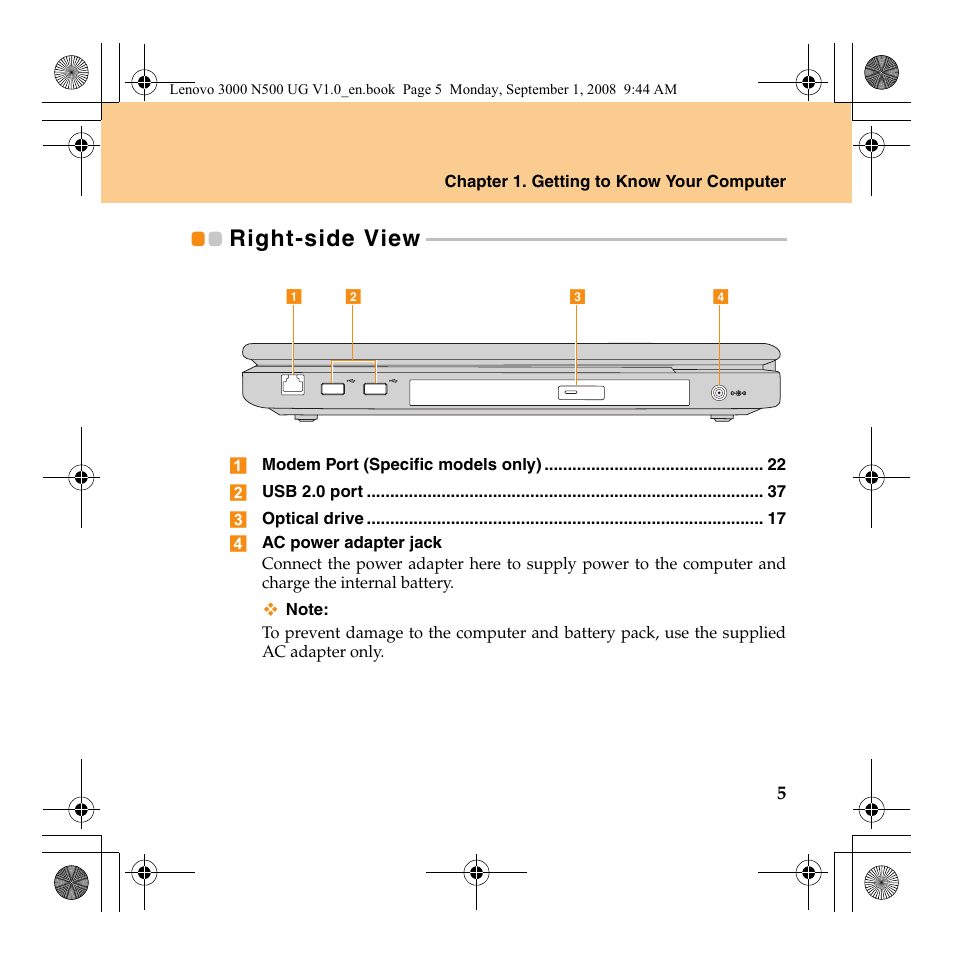 Right-side view | Lenovo N500 Notebook User Manual | Page 13 / 148