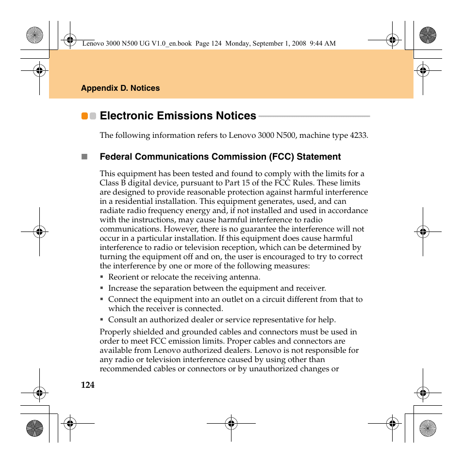 Electronic emissions notices | Lenovo N500 Notebook User Manual | Page 132 / 148