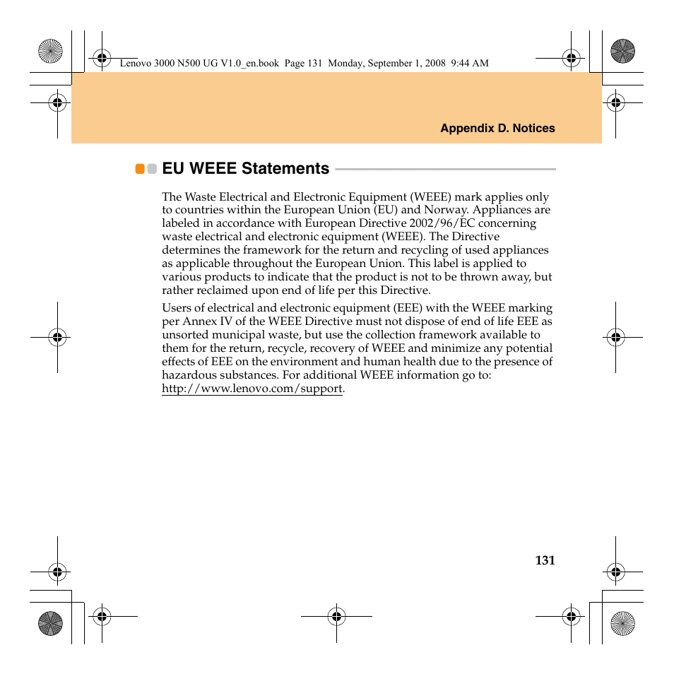 Eu weee statements | Lenovo N500 Notebook User Manual | Page 139 / 148