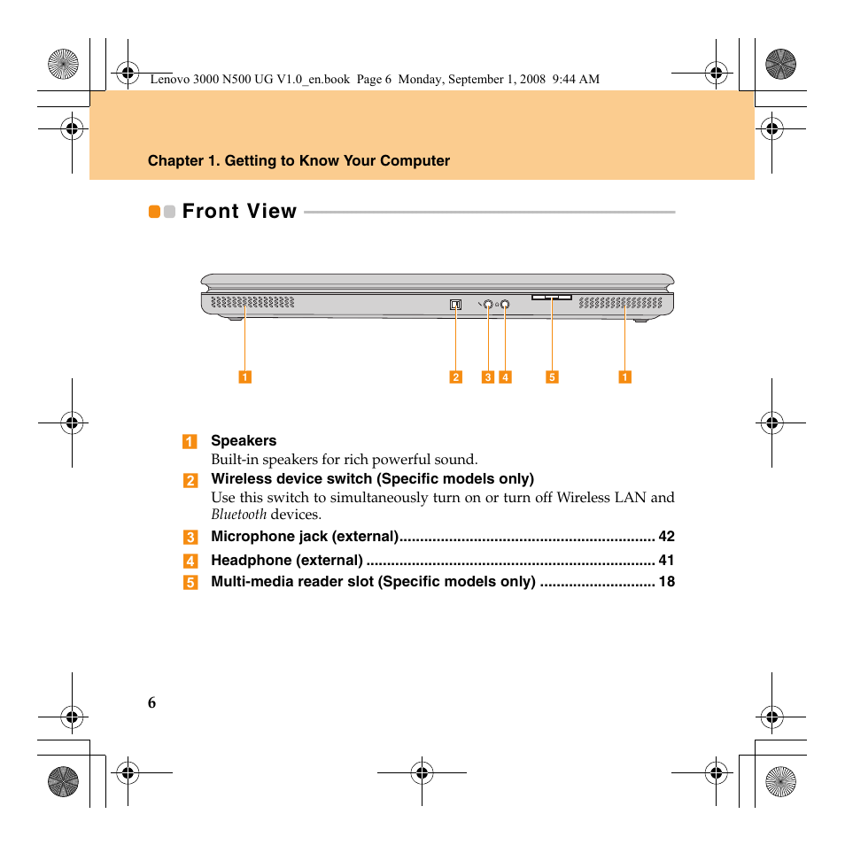 Front view | Lenovo N500 Notebook User Manual | Page 14 / 148