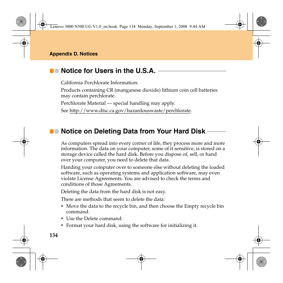 Notice for users in the u.s.a, Notice on deleting data from your hard disk | Lenovo N500 Notebook User Manual | Page 142 / 148