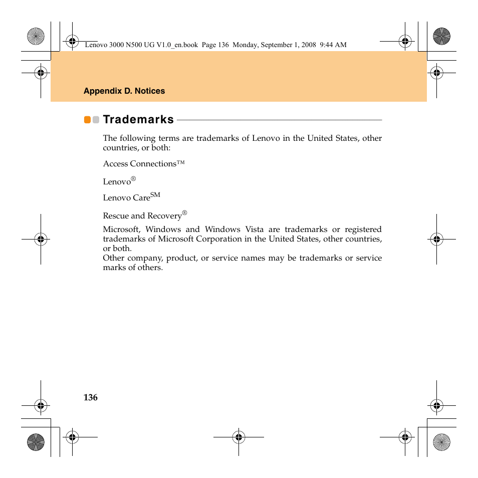 Trademarks | Lenovo N500 Notebook User Manual | Page 144 / 148