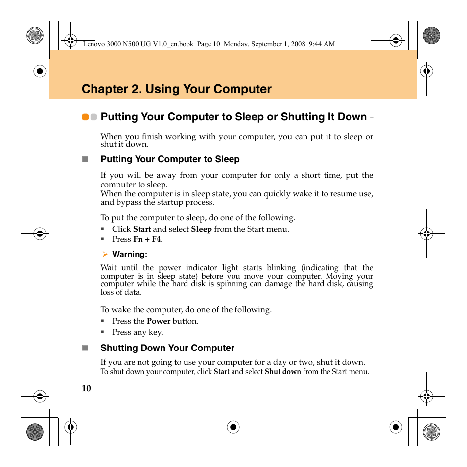 Chapter 2. using your computer, Putting your computer to sleep or shutting it down | Lenovo N500 Notebook User Manual | Page 18 / 148