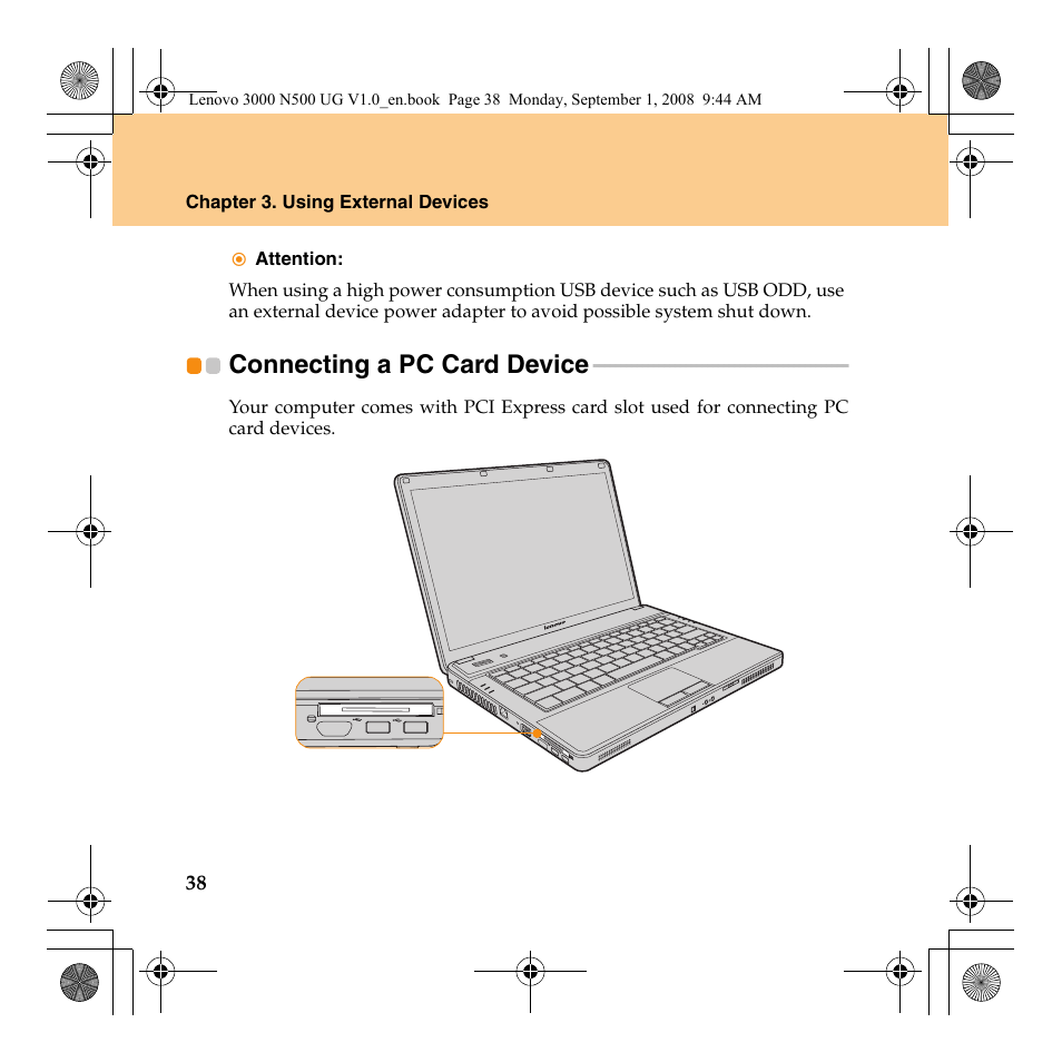 Connecting a pc card device | Lenovo N500 Notebook User Manual | Page 46 / 148