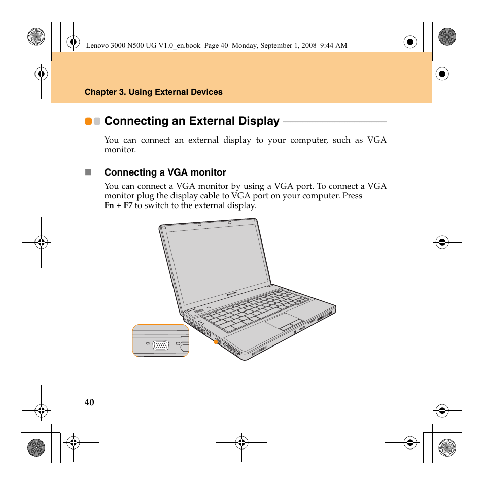 Connecting an external display | Lenovo N500 Notebook User Manual | Page 48 / 148