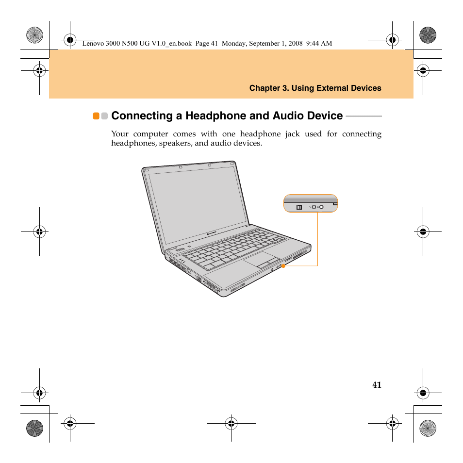 Connecting a headphone and audio device | Lenovo N500 Notebook User Manual | Page 49 / 148