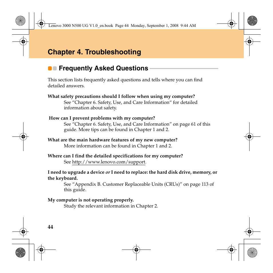 Chapter 4. troubleshooting, Frequently asked questions | Lenovo N500 Notebook User Manual | Page 52 / 148