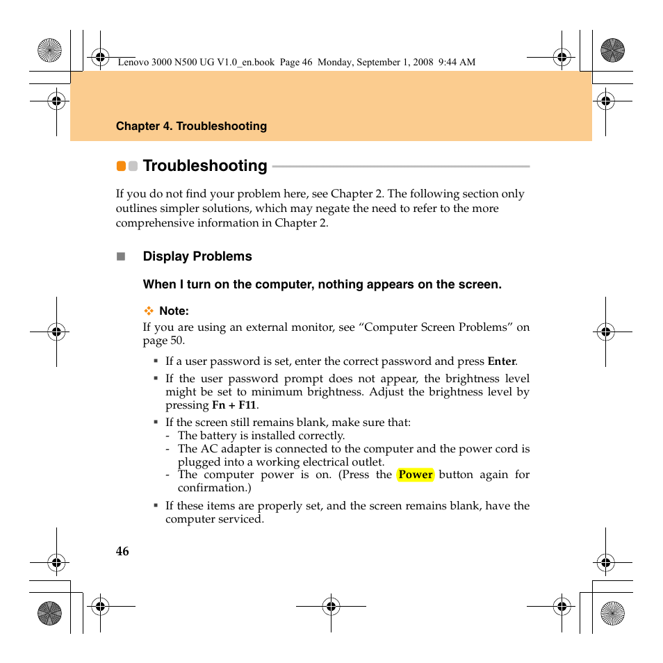 Troubleshooting | Lenovo N500 Notebook User Manual | Page 54 / 148