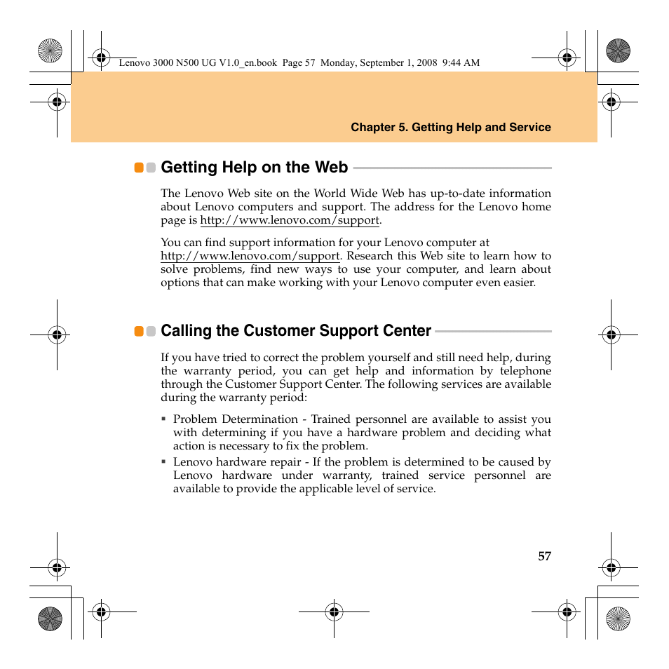 Getting help on the web, Calling the customer support center | Lenovo N500 Notebook User Manual | Page 65 / 148