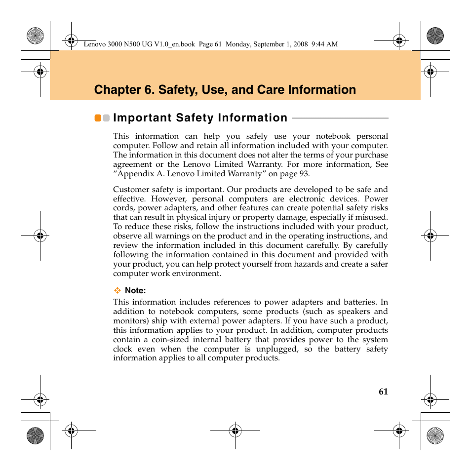 Chapter 6. safety, use, and care information, Important safety information | Lenovo N500 Notebook User Manual | Page 69 / 148