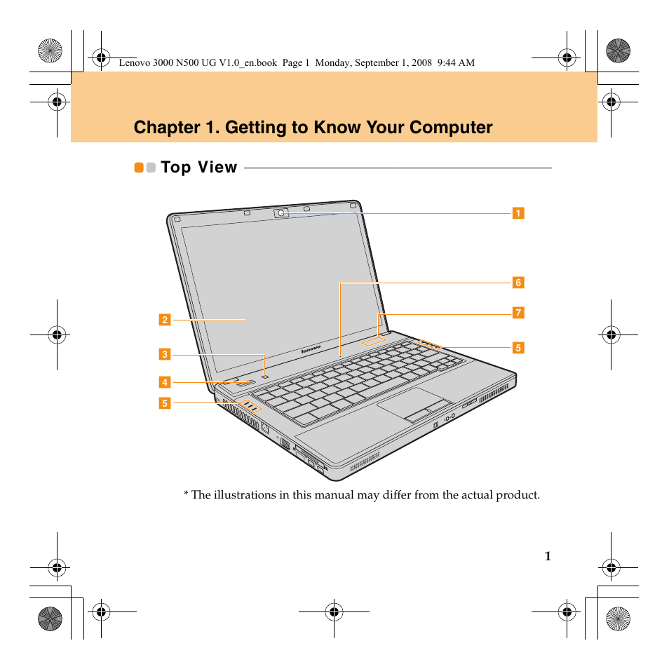 Chapter 1. getting to know your computer, Top view | Lenovo N500 Notebook User Manual | Page 9 / 148