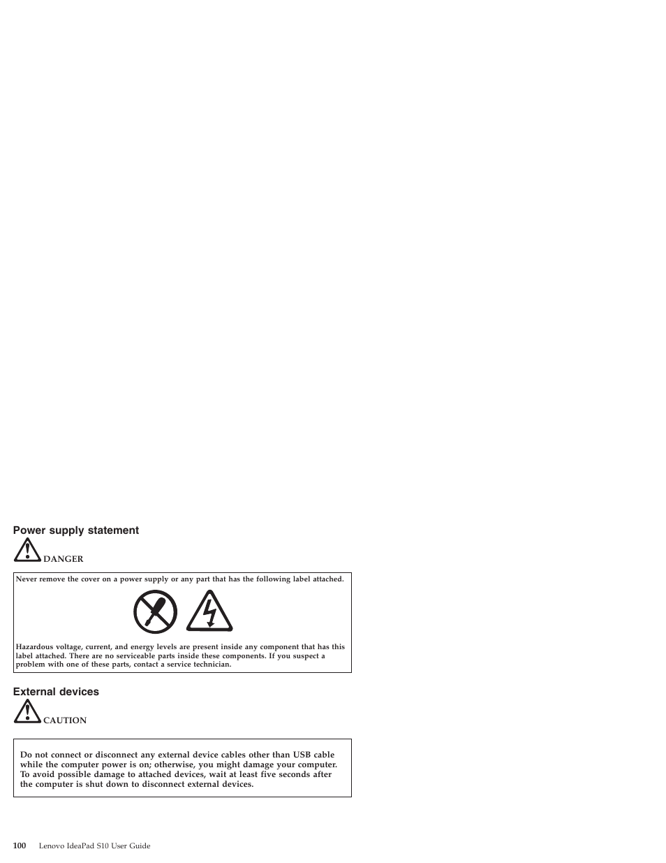Power supply statement, External devices | Lenovo IdeaPad S10 User Manual | Page 108 / 180