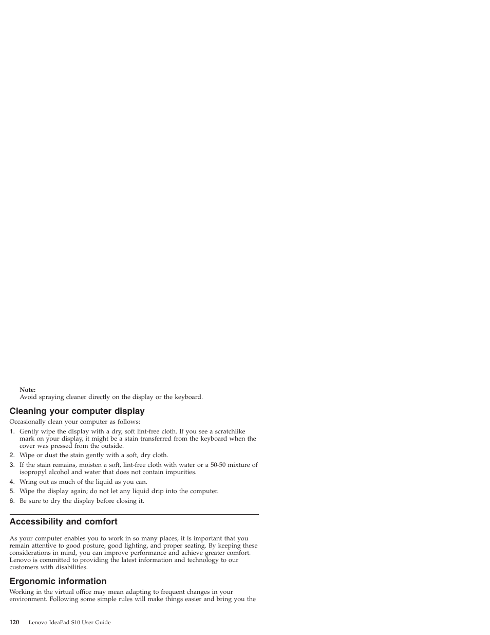 Cleaning your computer display, Accessibility and comfort, Ergonomic information | Cleaning, Your, Computer, Display, Accessibility, Comfort, Ergonomic | Lenovo IdeaPad S10 User Manual | Page 128 / 180