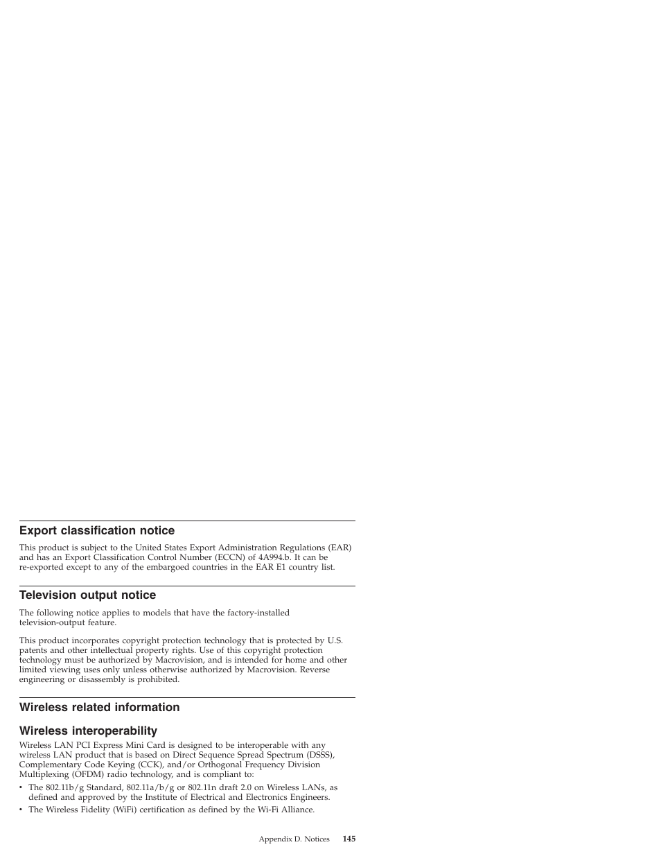 Export classification notice, Television output notice, Wireless related information | Wireless interoperability, Export, Classification, Notice, Television, Output, Wireless | Lenovo IdeaPad S10 User Manual | Page 153 / 180
