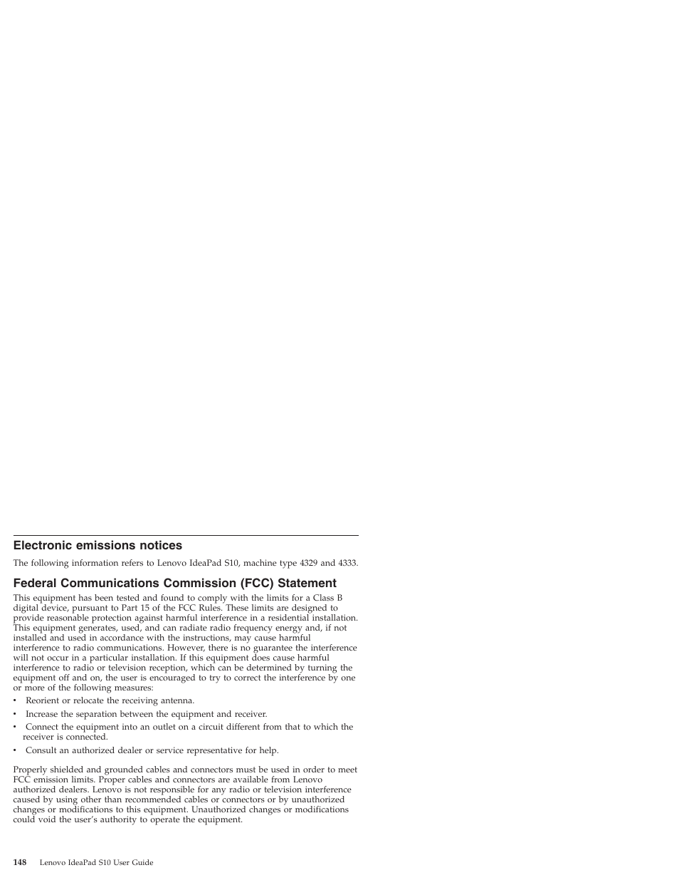 Electronic emissions notices, Federal communications commission (fcc) statement, Electronic | Emissions, Notices, Federal, Communications, Commission, Fcc), Statement | Lenovo IdeaPad S10 User Manual | Page 156 / 180