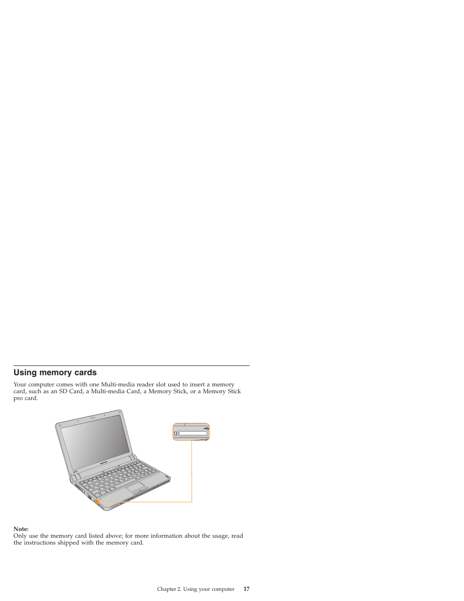 Using memory cards, Using, Memory | Cards | Lenovo IdeaPad S10 User Manual | Page 25 / 180