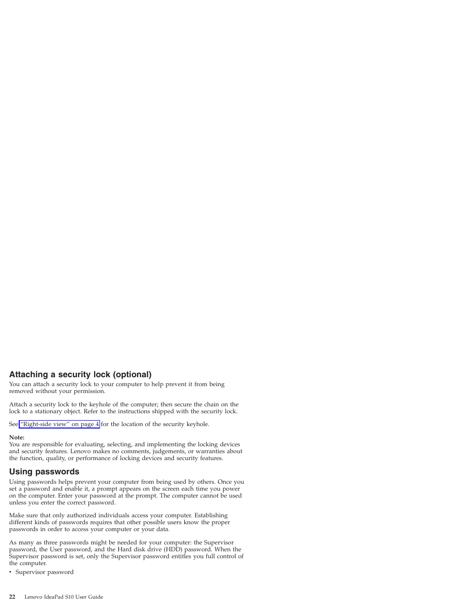 Attaching a security lock (optional), Using passwords, Attaching | Security, Lock, Optional), Using, Passwords | Lenovo IdeaPad S10 User Manual | Page 30 / 180