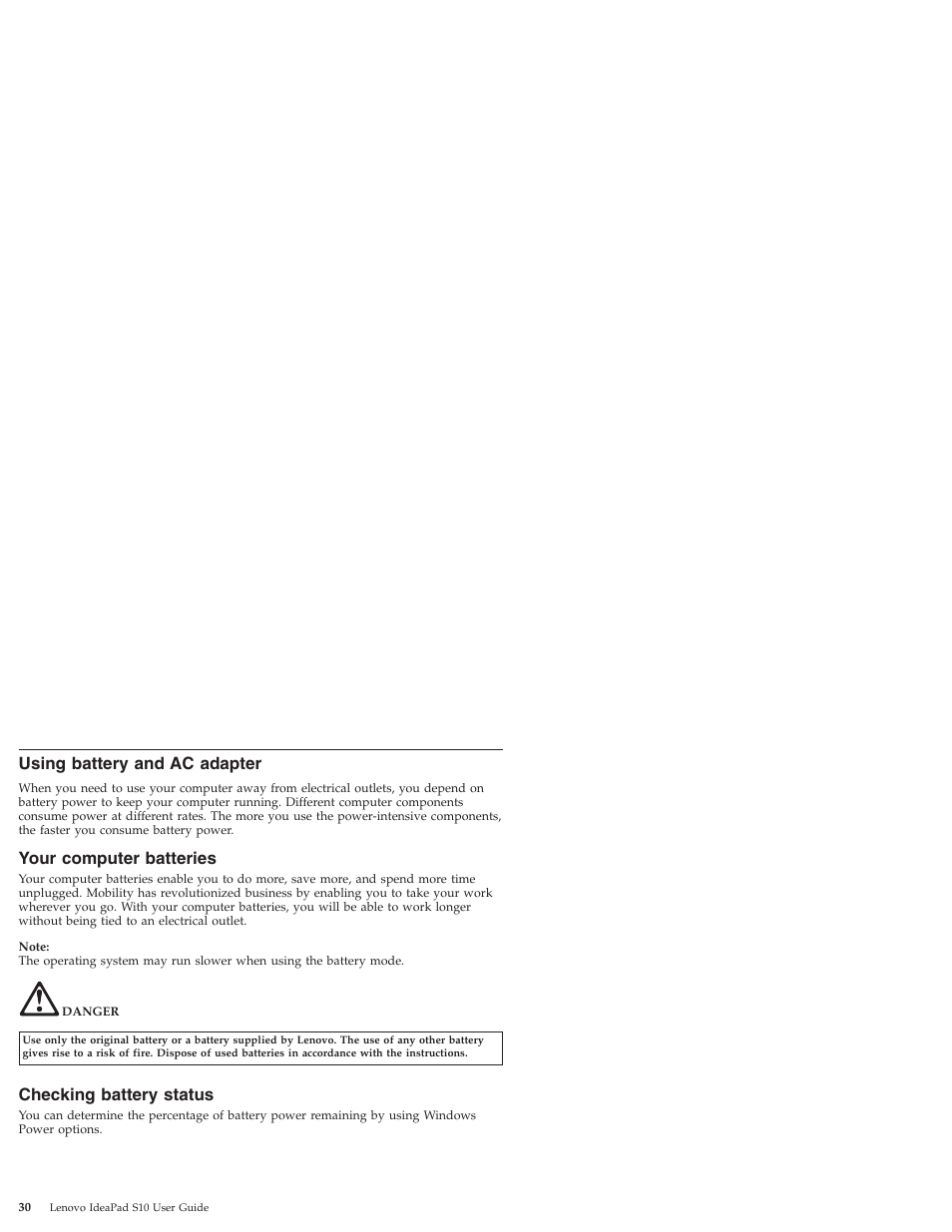 Using battery and ac adapter, Your computer batteries, Checking battery status | Using, Battery, Adapter, Your, Computer, Batteries, Checking | Lenovo IdeaPad S10 User Manual | Page 38 / 180