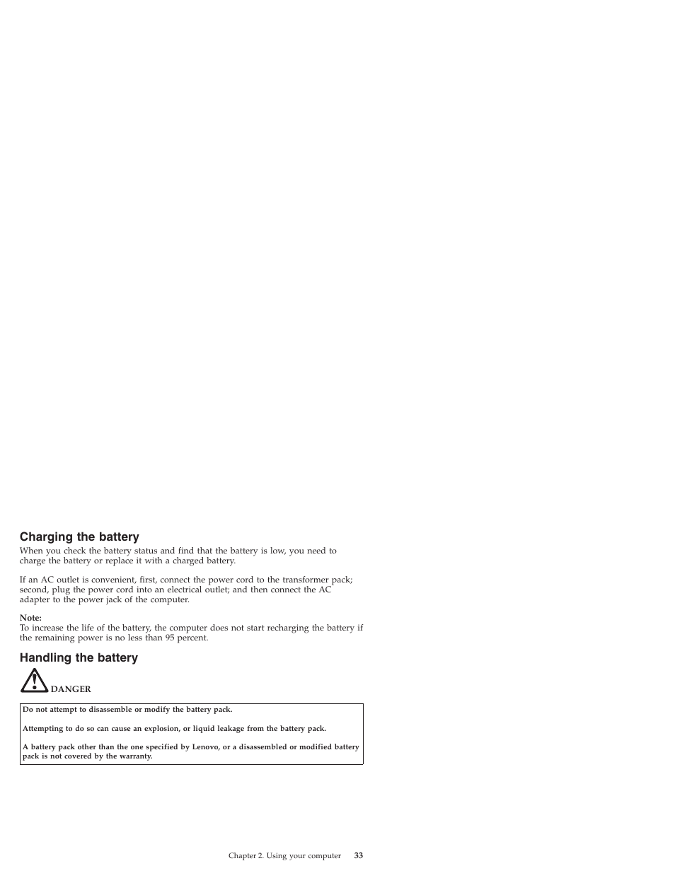 Charging the battery, Handling the battery, Charging | Battery, Handling | Lenovo IdeaPad S10 User Manual | Page 41 / 180