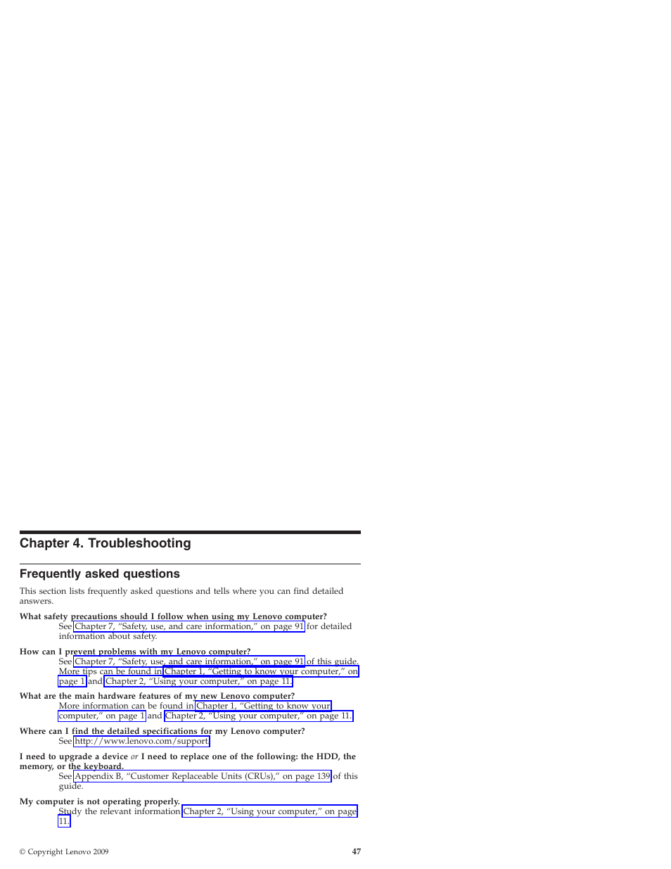 Chapter 4. troubleshooting, Frequently asked questions, Chapter | Troubleshooting, Frequently, Asked, Questions | Lenovo IdeaPad S10 User Manual | Page 55 / 180