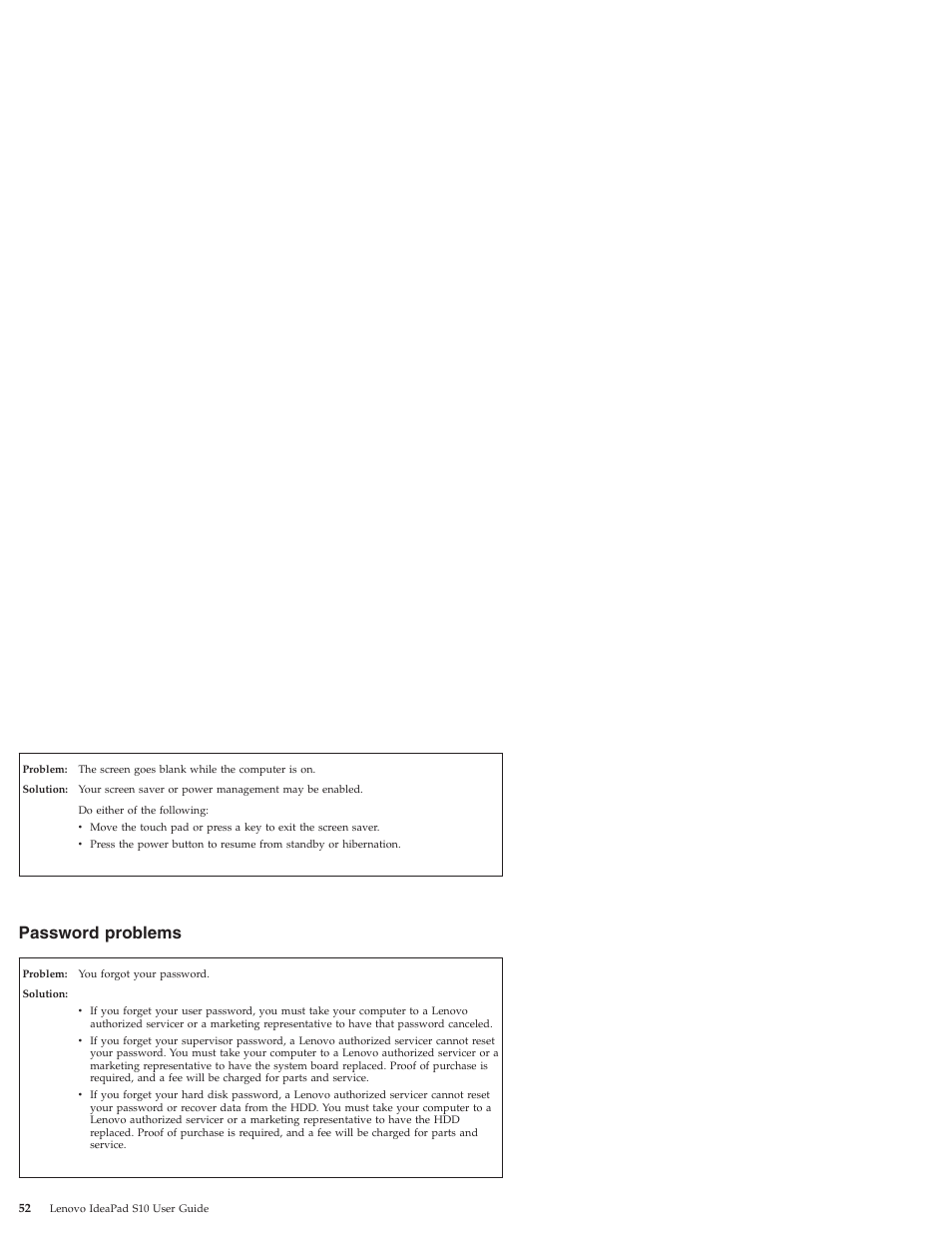 Password problems, Password, Problems | Lenovo IdeaPad S10 User Manual | Page 60 / 180