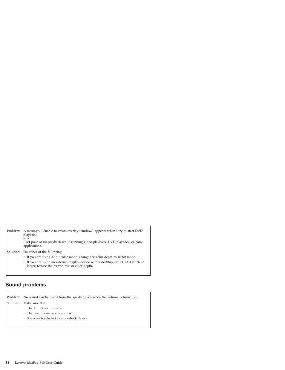 Sound problems, Sound, Problems | Lenovo IdeaPad S10 User Manual | Page 66 / 180