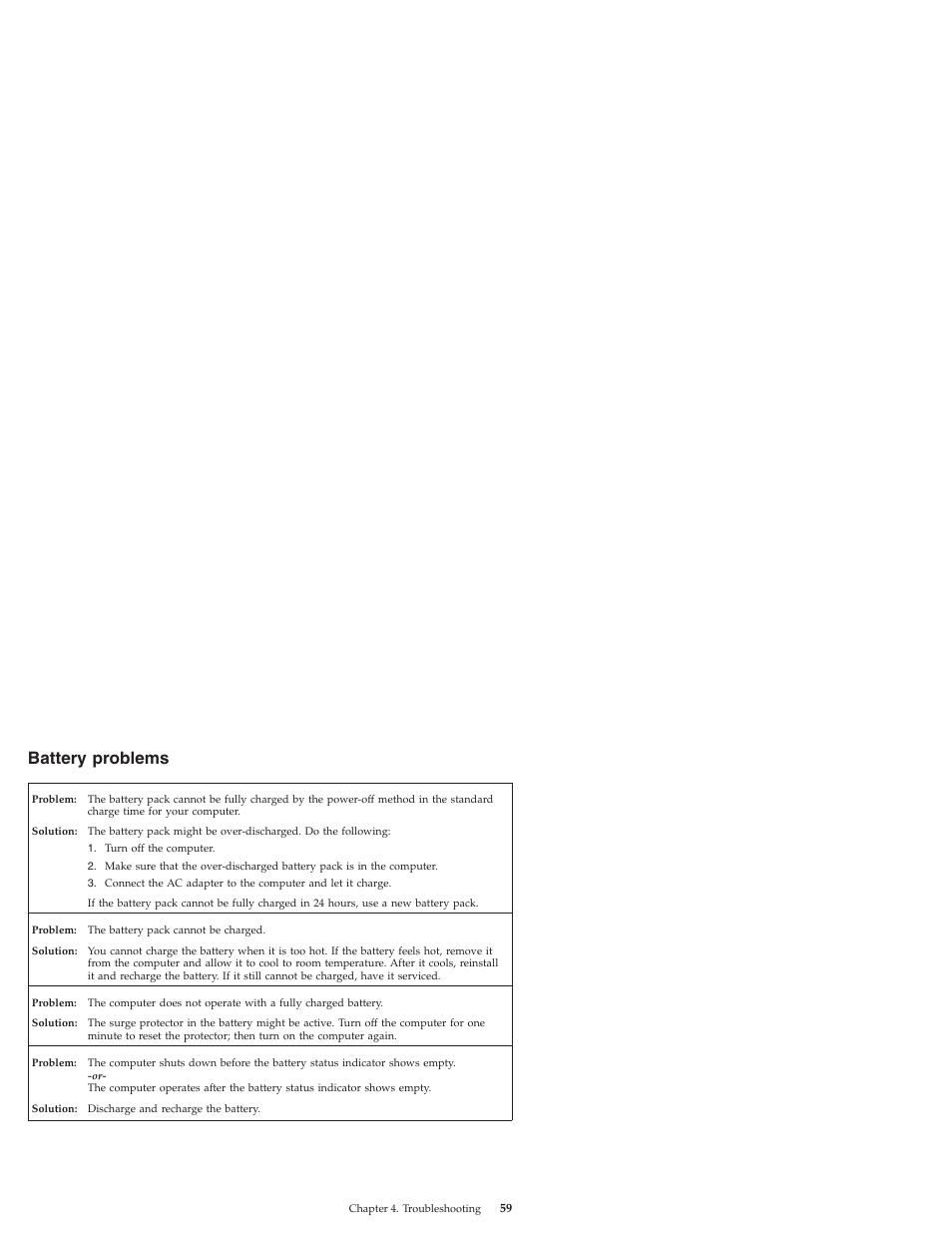 Battery problems, Battery, Problems | Lenovo IdeaPad S10 User Manual | Page 67 / 180
