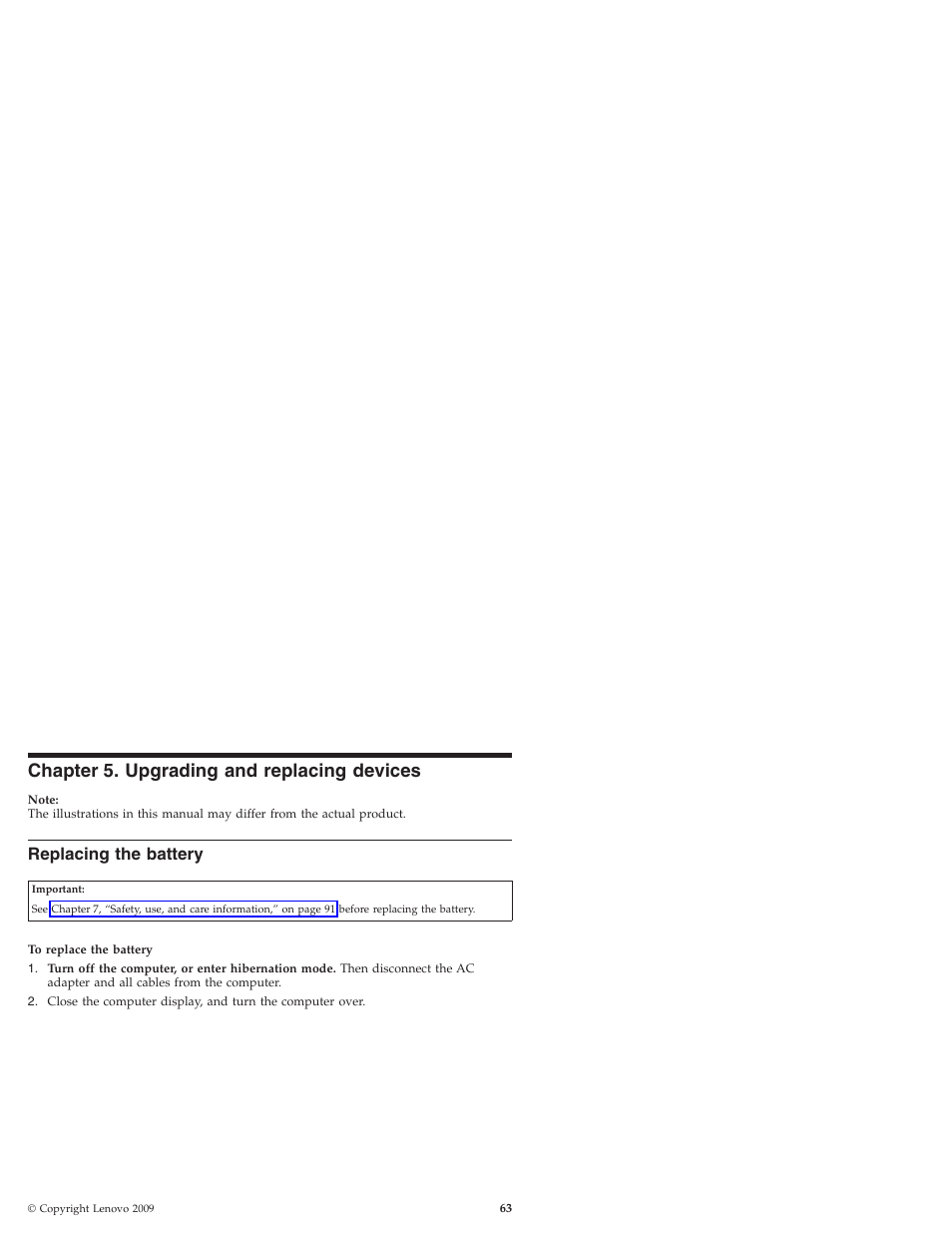 Chapter 5. upgrading and replacing devices, Replacing the battery, Chapter | Upgrading, Replacing, Devices, Battery | Lenovo IdeaPad S10 User Manual | Page 71 / 180