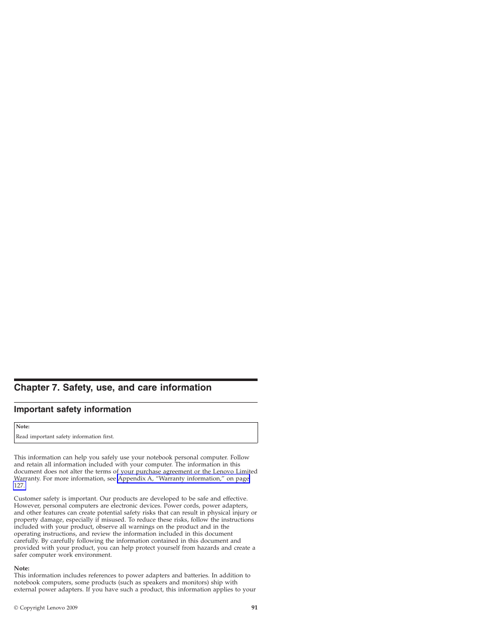 Chapter 7. safety, use, and care information, Important safety information, Chapter | Safety, Care, Information, Important | Lenovo IdeaPad S10 User Manual | Page 99 / 180