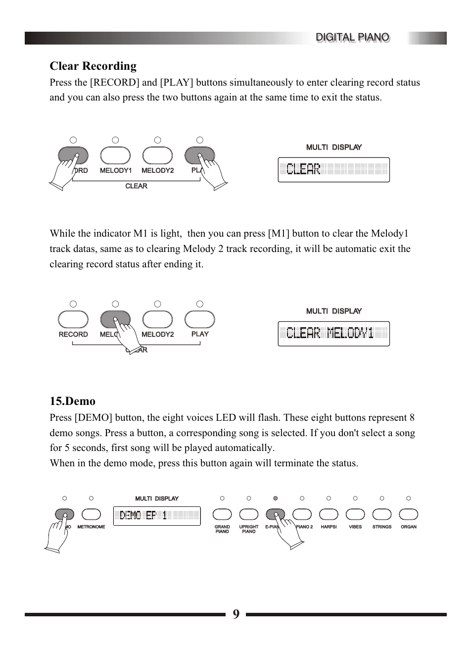 Т³гж 13, Demo, Clear recording | Digital piano | Adagio Teas KDP8865 User Manual | Page 13 / 16