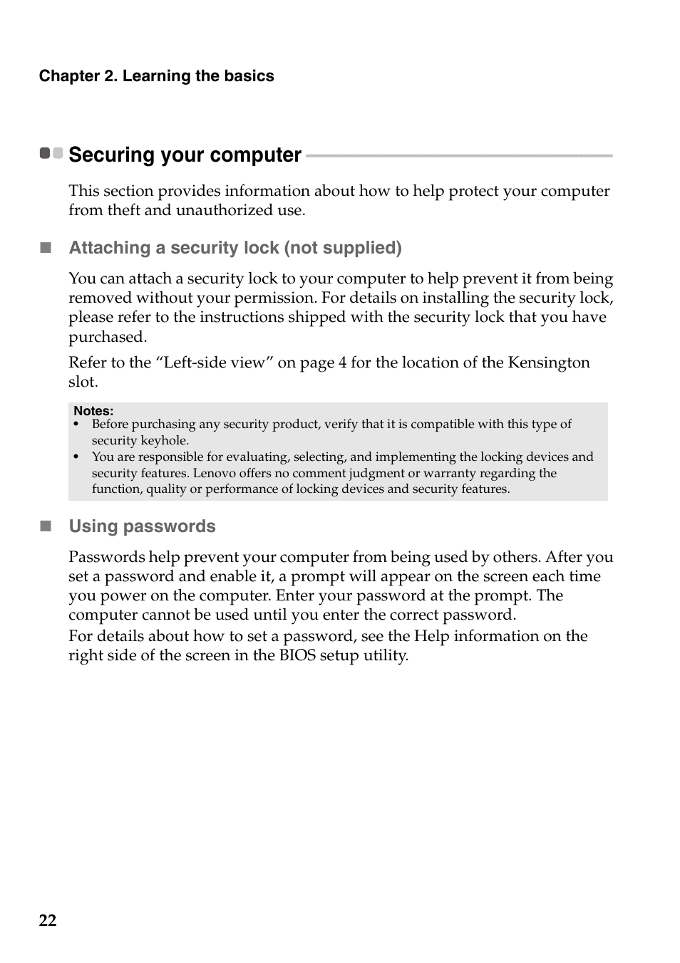 Securing your computer | Lenovo IdeaPad Z585 Notebook User Manual | Page 26 / 54