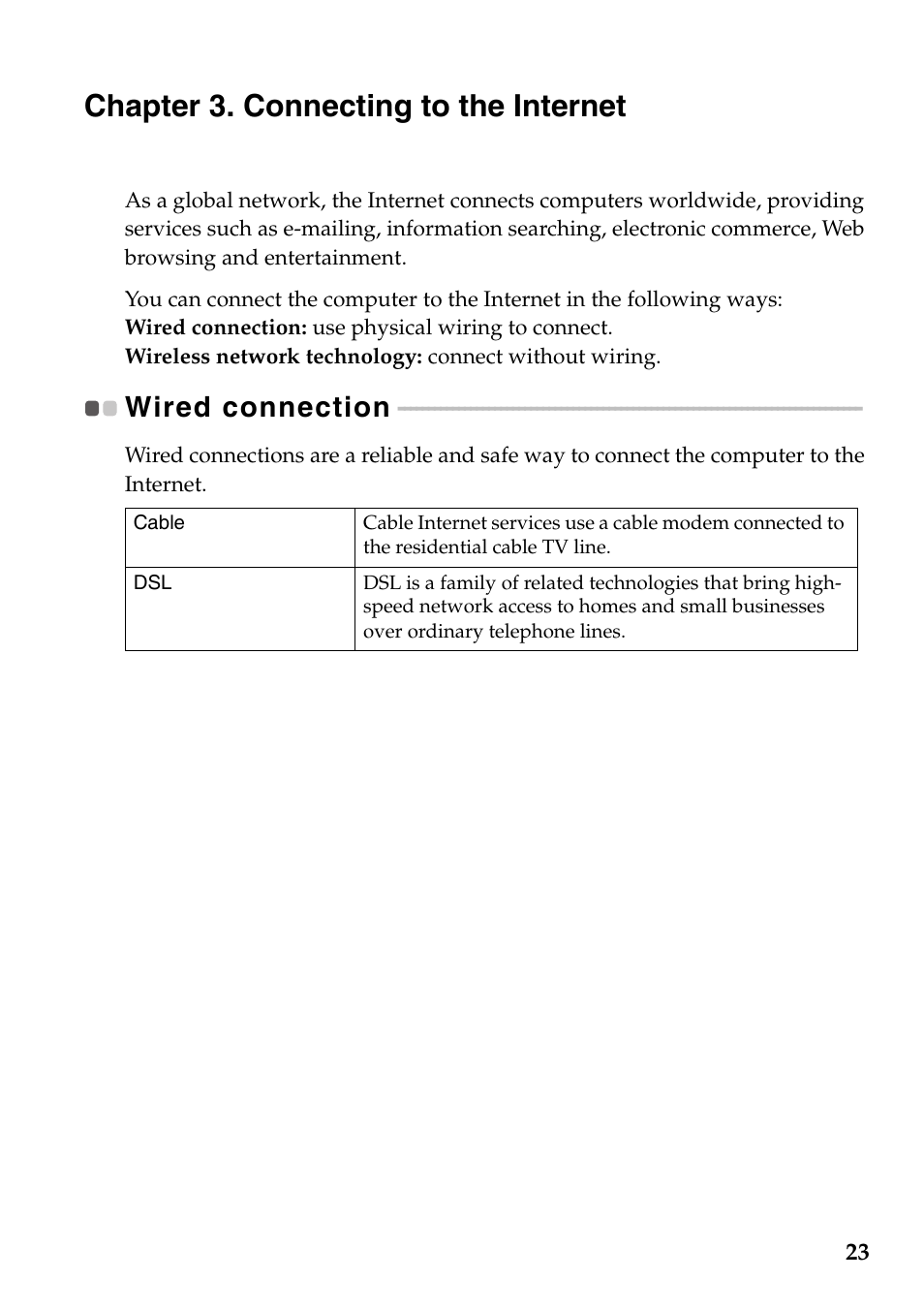 Chapter 3. connecting to the internet, Wired connection | Lenovo IdeaPad Z585 Notebook User Manual | Page 27 / 54