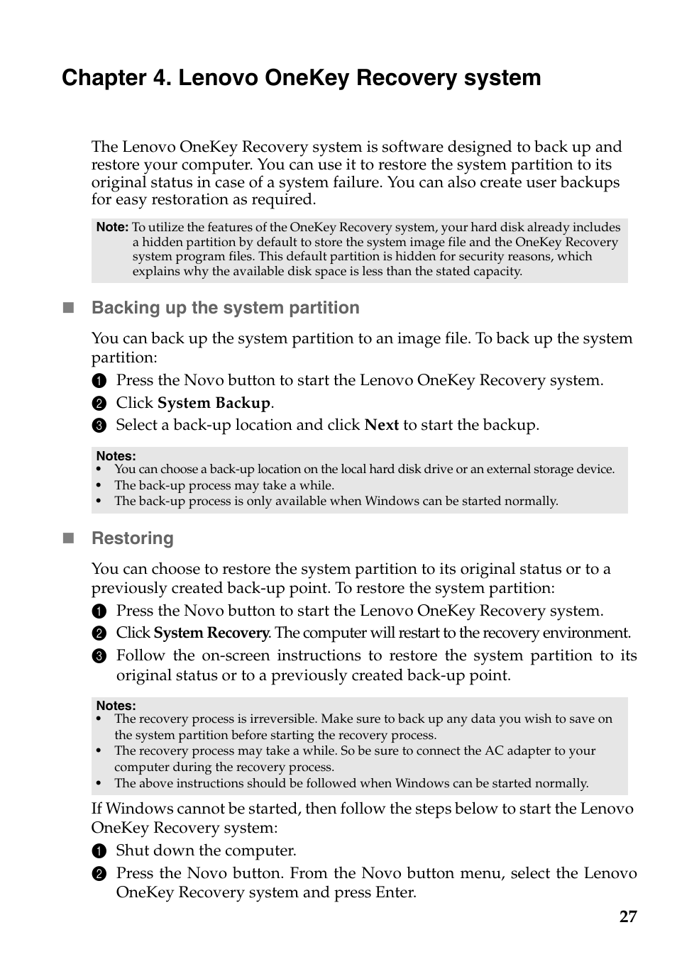 Chapter 4. lenovo onekey recovery system | Lenovo IdeaPad Z585 Notebook User Manual | Page 31 / 54