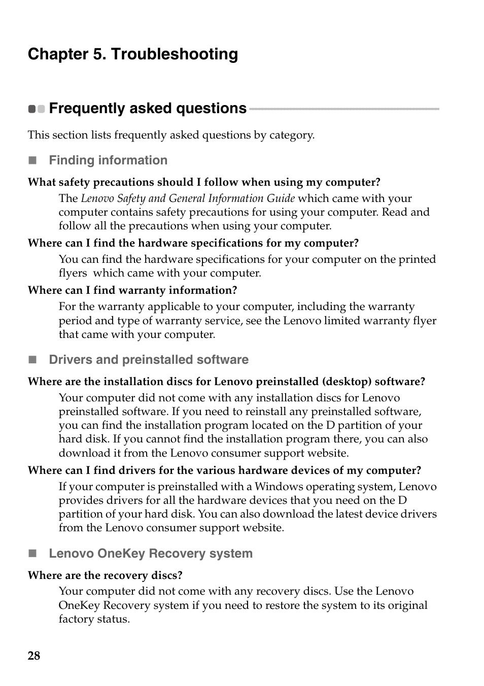 Chapter 5. troubleshooting, Frequently asked questions | Lenovo IdeaPad Z585 Notebook User Manual | Page 32 / 54