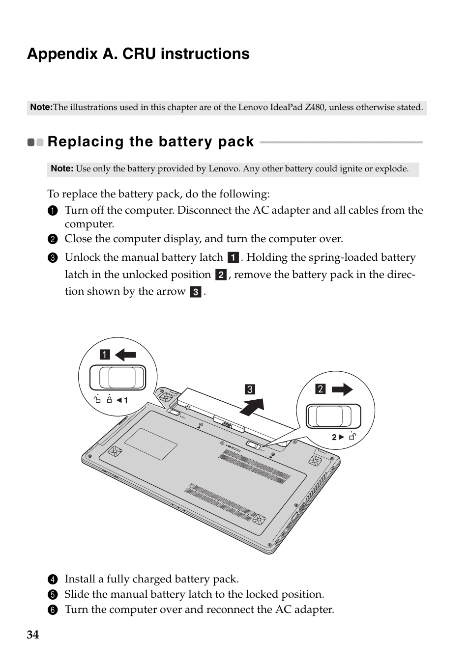Appendix a. cru instructions, Replacing the battery pack | Lenovo IdeaPad Z585 Notebook User Manual | Page 38 / 54