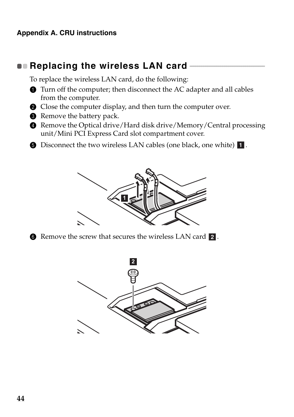 Replacing the wireless lan card | Lenovo IdeaPad Z585 Notebook User Manual | Page 48 / 54