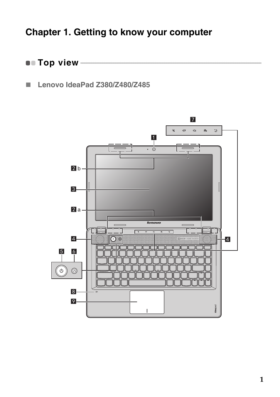 Chapter 1. getting to know your computer, Top view | Lenovo IdeaPad Z585 Notebook User Manual | Page 5 / 54