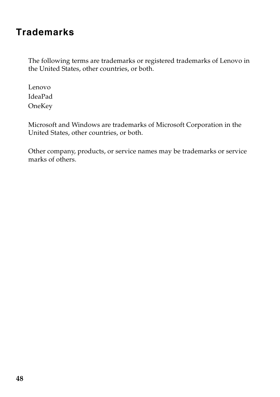 Trademarks | Lenovo IdeaPad Z585 Notebook User Manual | Page 52 / 54