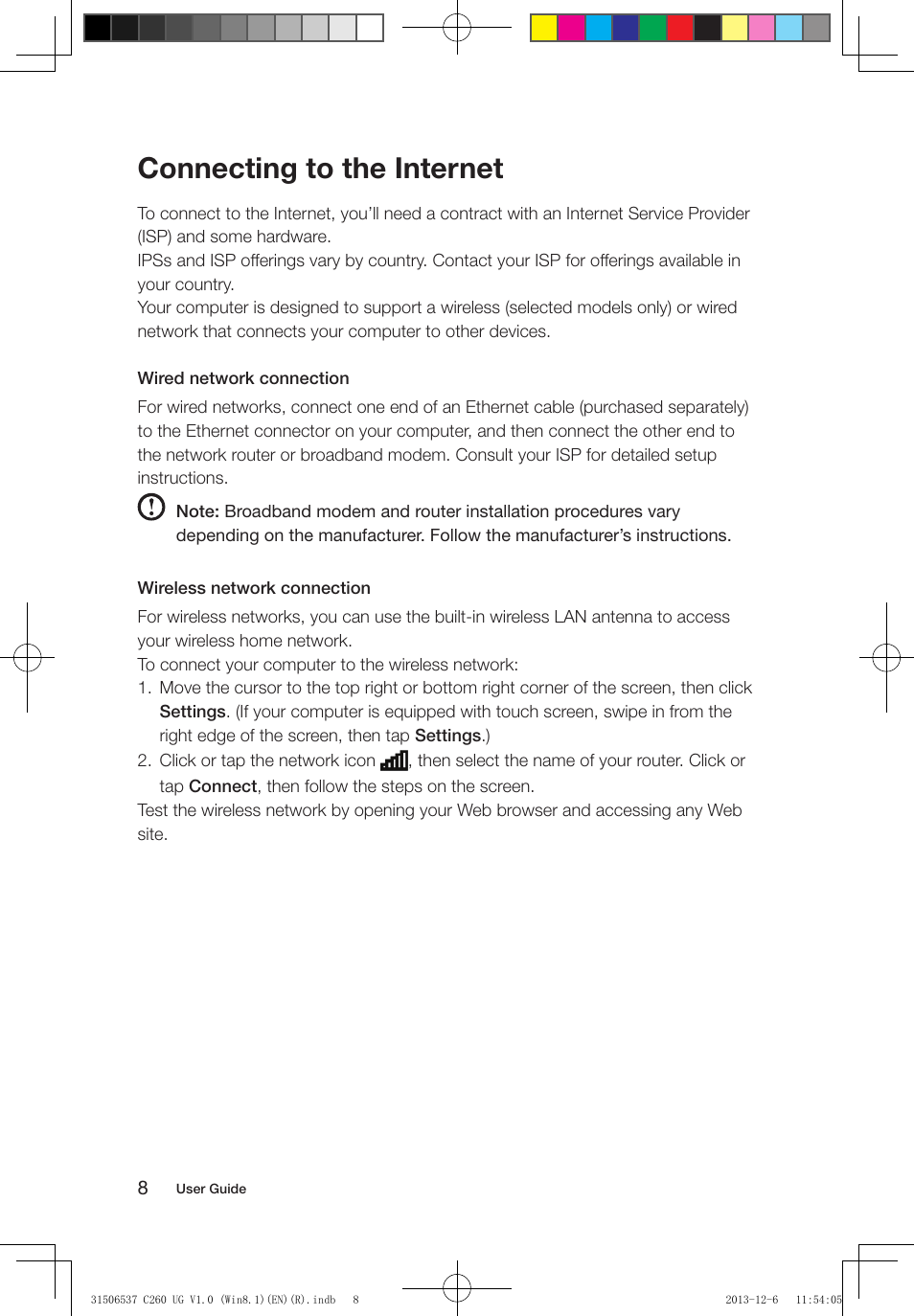 Connecting to the internet | Lenovo C260 Touch All In One User Manual | Page 13 / 47
